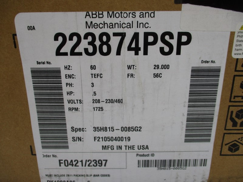 BALDOR 223874PSP 208-230/460V 2.5-2.4/1.2A NSMP