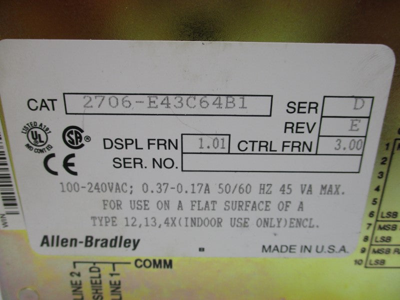 ALLEN BRADLEY 2706-E43C64B1 SER. D F/W 3.00 100-240VAC 0.37-0.17A (BR/WH) NSMP
