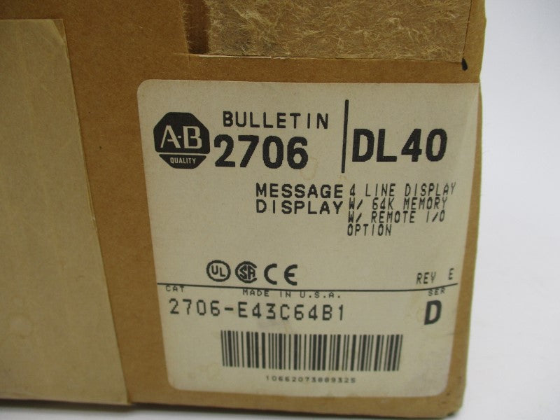ALLEN BRADLEY 2706-E43C64B1 SER. D F/W 3.00 100-240VAC 0.37-0.17A (BR/WH) NSMP