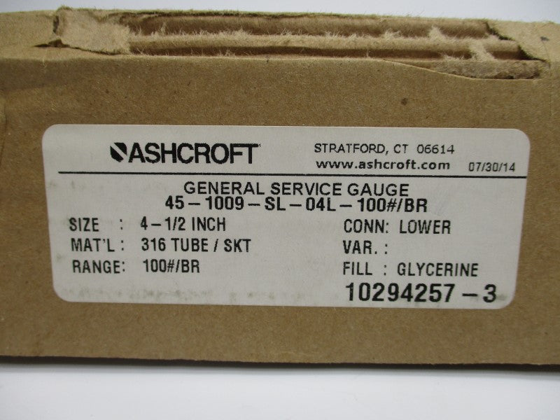 ASHCROFT 45-1009-SL-04L-100#/BR 0-100PSI 4-1/2" NSMP