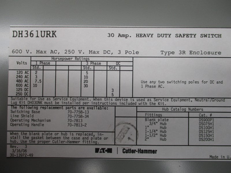 EATON DH361URK 600VAC 30A NSMP