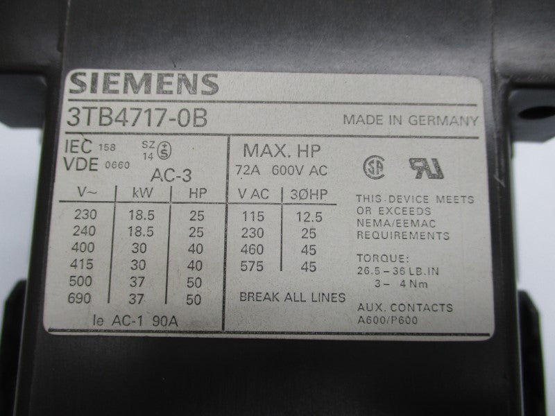 SIEMENS 3TB4717-0BB4 24VDC 72A UNMP