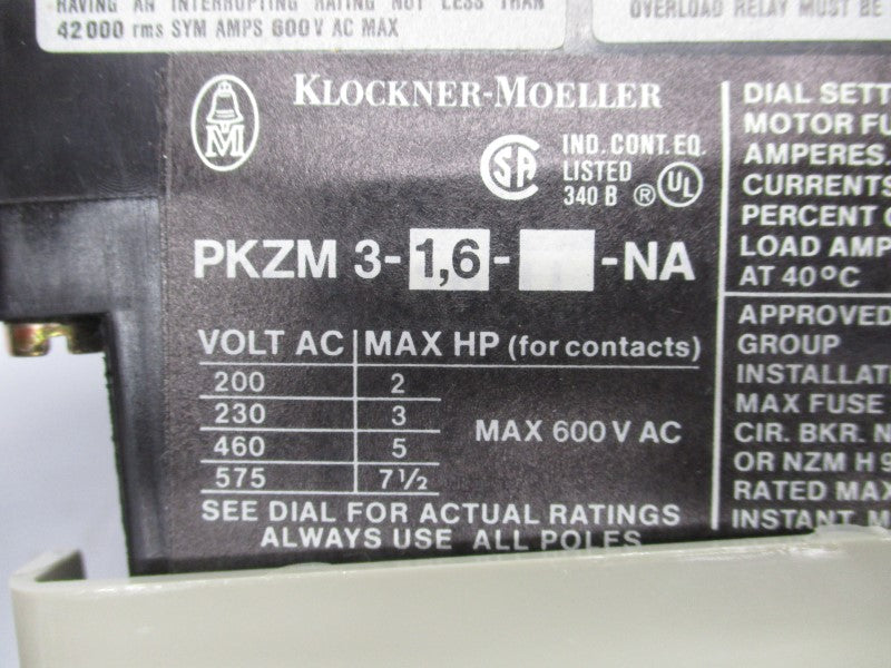 KLOCKNER MOELLER PKZM3-1,6-NA 600VAC 0.8-1.5A NSMP