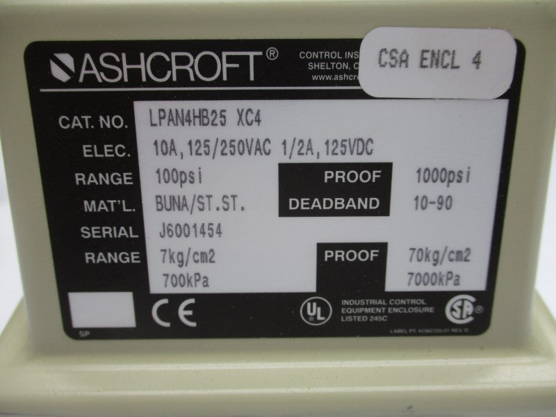 ASHCROFT LPAN4HB25XC4 125/250VAC 10A 100PSI NSMP