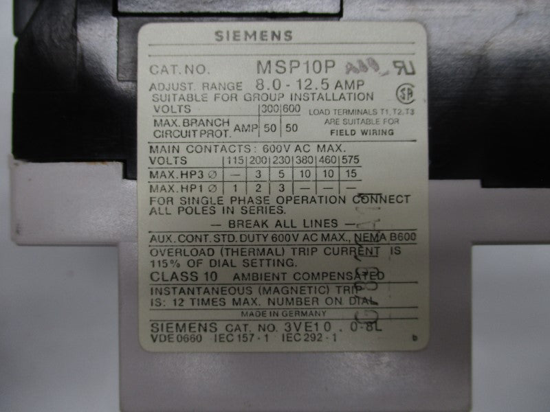 SIEMENS MSP10PA11 600V 8-12.5A NSMP
