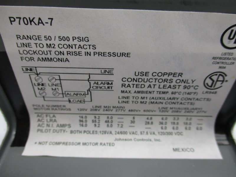 JOHNSON CONTROLS P70KA-7C 600V 16A 50-500PSI NSMP