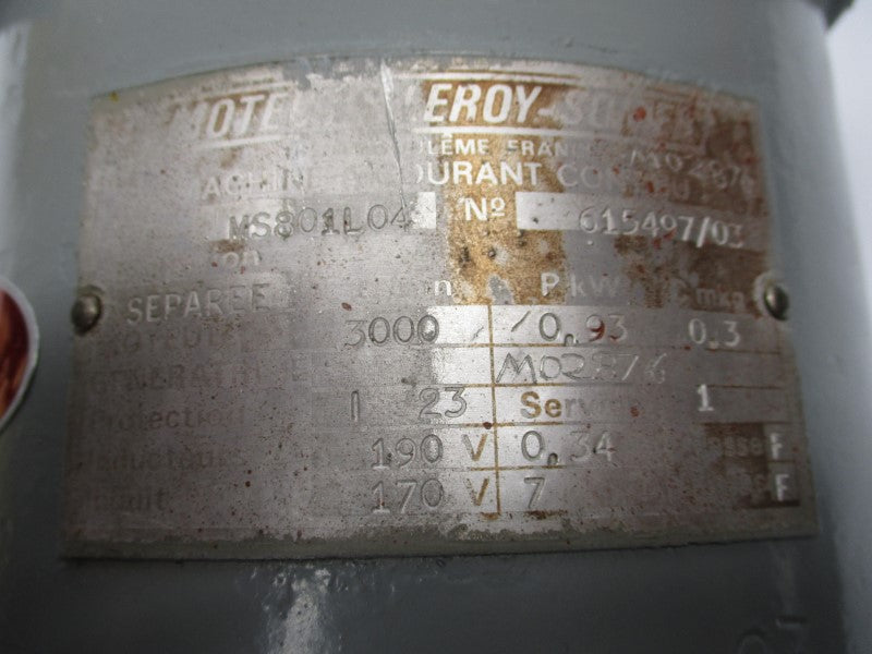 MOTEURS LEROY SOMER MS801L04 190V 7A (AS IS) UNMP