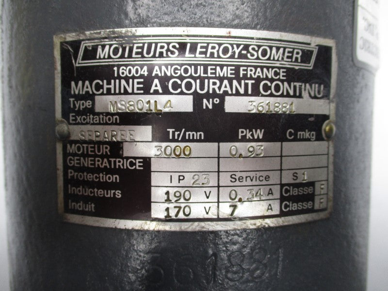 MOTEURS LEROY SOMER MS801L4 190V 7A UNMP