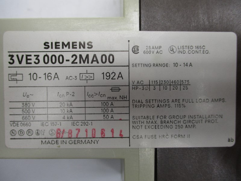 SIEMENS 3VE3000-2MA00 600VAC 10-14A NSNP