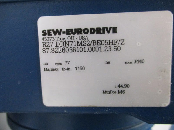 SEW EURODRIVE R27DRN71MS2/BE05HF/Z 230/460V 1.52/0.76A NSNP