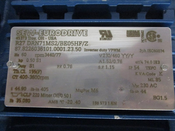 SEW EURODRIVE R27DRN71MS2/BE05HF/Z 230/460V 1.52/0.76A NSNP