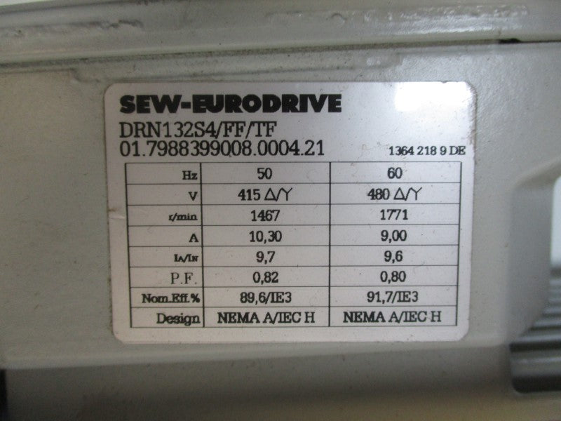 SEW EURODRIVE DRN132S4/FF/TF 440-460V 11/6.4A NSNP