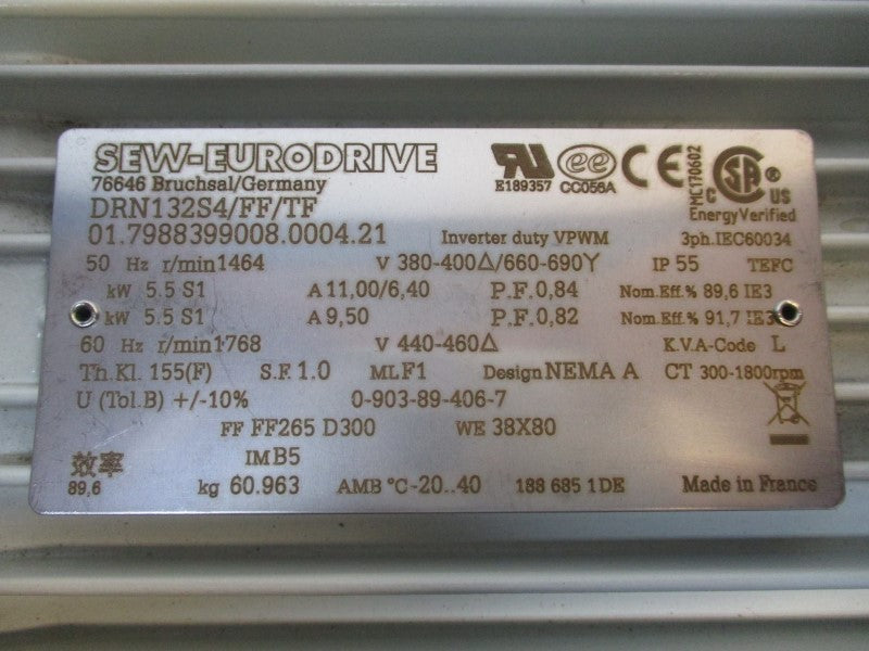 SEW EURODRIVE DRN132S4/FF/TF 440-460V 11/6.4A NSNP