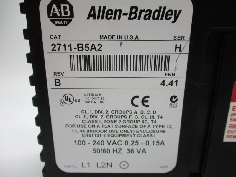 ALLEN BRADLEY 2711-B5A2 SER. H F/W 4.41 REV. B 100-240VAC 0.25-0.15A UNMP