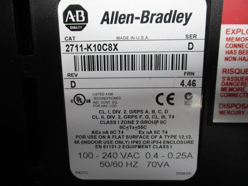 ALLEN BRADLEY 2711-K10C8X SER. D F/W 4.46 REV. D 100-240VAC 0.4-0.25A REMAN