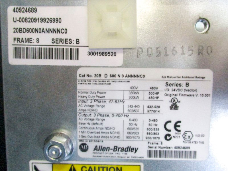 ALLEN BRADLEY 20BD600N0ANNNNC0 SER. B F/W 10.001 432-528VAC 577/514A NSNP