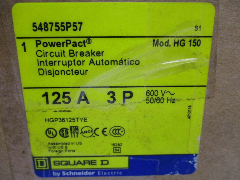 SQUARE D 548755P57 HGP36125TYE 600V 125A NSMP
