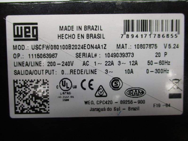 WEG USCFW080100B2024EON4A1Z 200-240VAC 1-22A UNMP