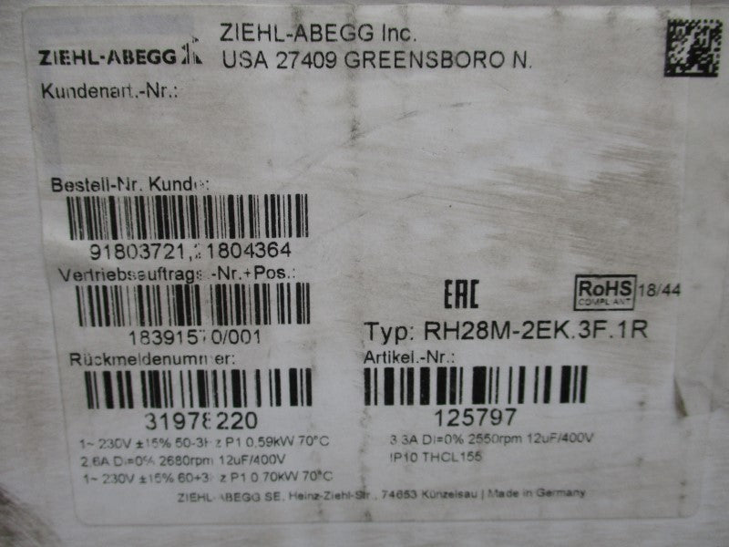 ZIEHL-ABEGG RH28M-2EK.3F.1R 400V 2.6A NSFS
