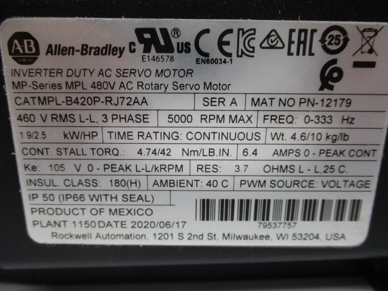 ALLEN BRADLEY MPL-B420P-RJ72AA SER. A 480VAC 6.4A NSMP