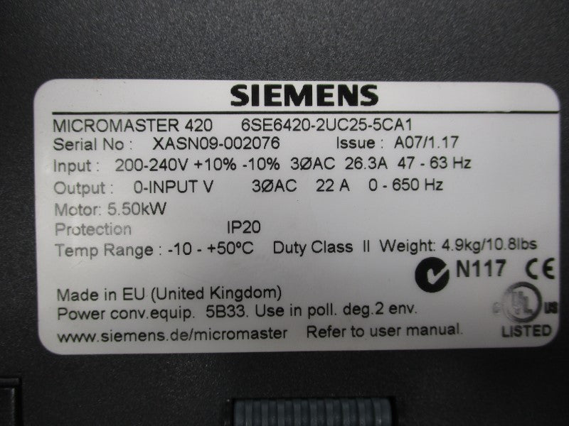 SIEMENS 6SE6420-2UC25-5CA1 200-240V 26.3A NSMP