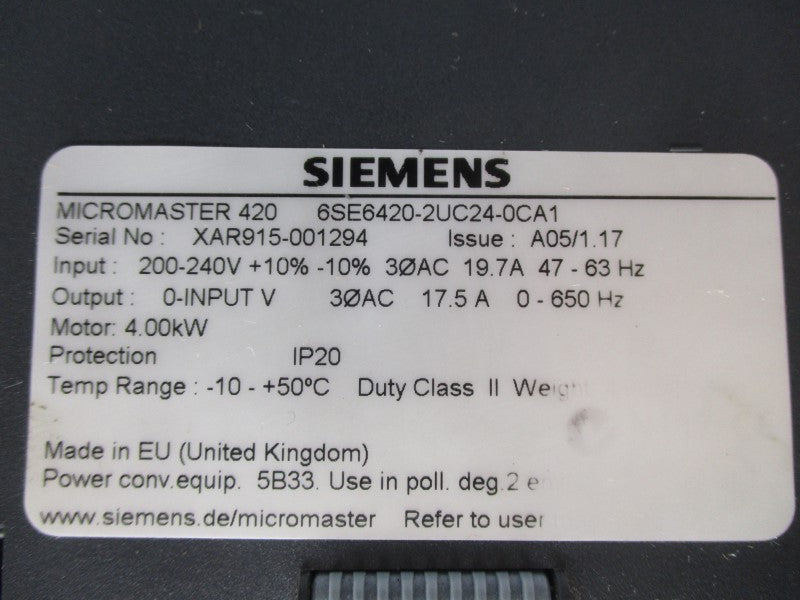 SIEMENS 6SE6420-2UC24-0CA1 200-240V 19.7A (MISSING COVER) UNMP