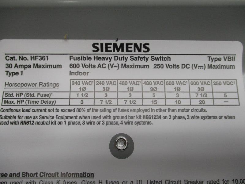 SIEMENS HF361 600VAC 30A NSMP