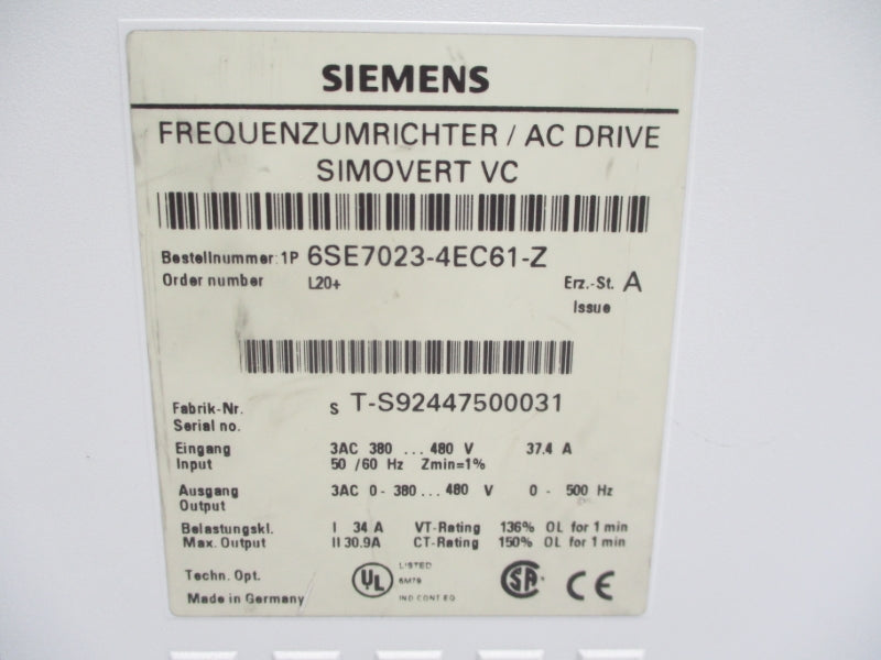 SIEMENS 6SE7023-4EC61-Z 380-480VAC 37.4A UNMP