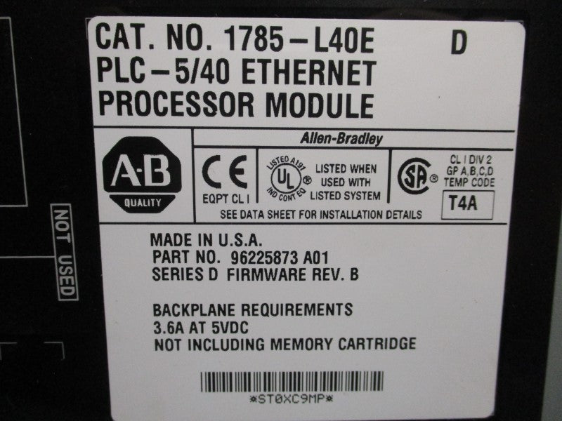 ALLEN BRADLEY 1785-L40E SER. D 5VDC 3.6A UNMP
