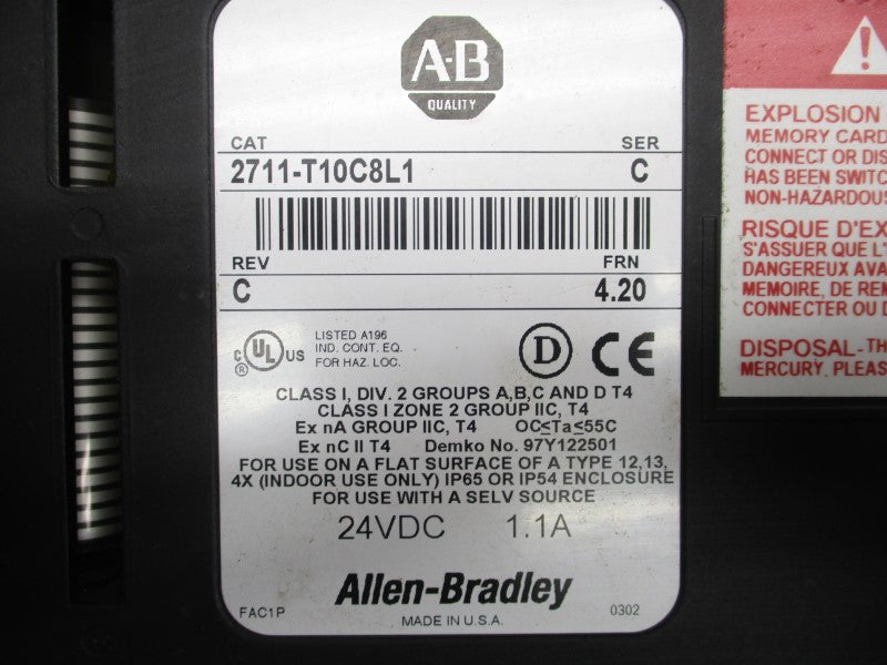 ALLEN BRADLEY 2711-T10C8L1 SER. C REV. C F/W 4.20 24VDC 1.1A NUPI