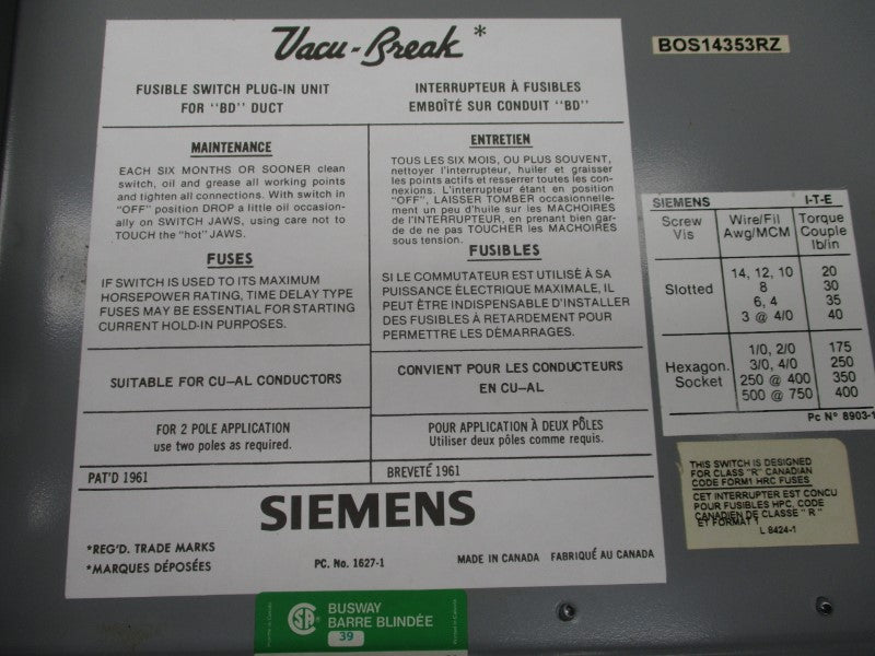 SIEMENS BOS14353RZ 600VAC 100A NSMP
