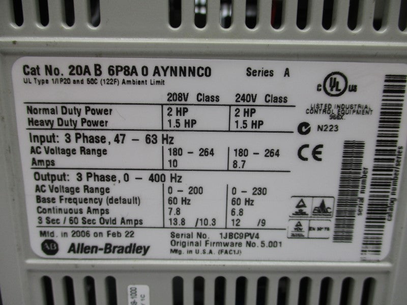 ALLEN BRADLEY 20AB6P8A0AYNNNC0 SER. A 180-264VAC 10A REMAN