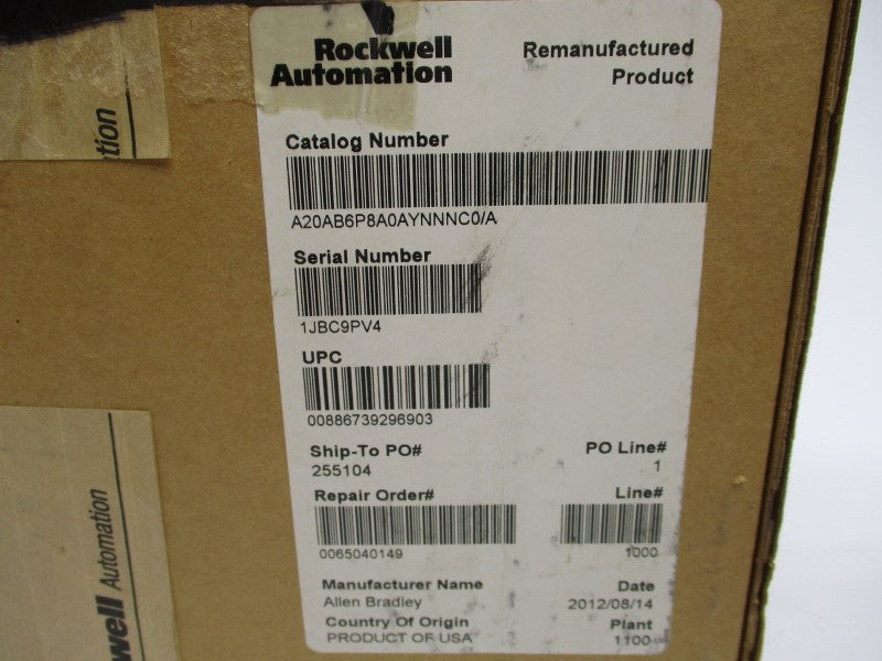 ALLEN BRADLEY 20AB6P8A0AYNNNC0 SER. A 180-264VAC 10A REMAN