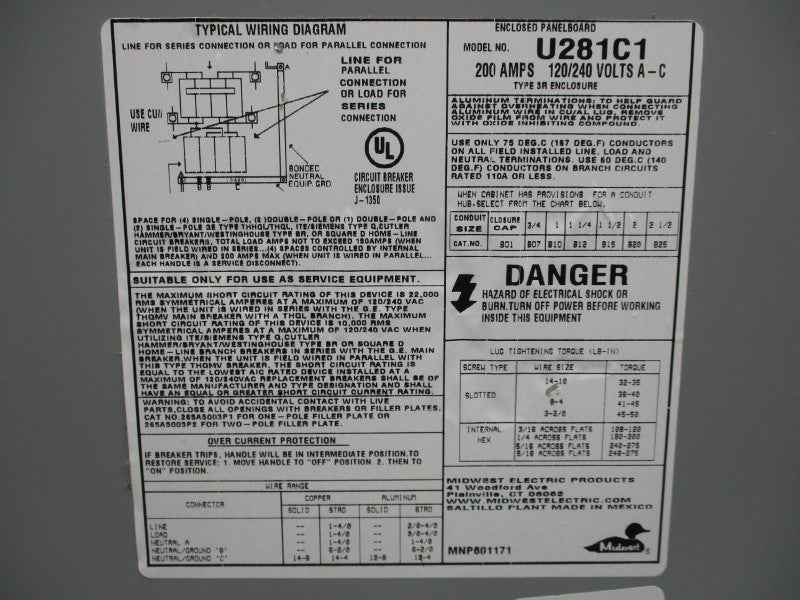 MIDWEST ELECTRIC U281C1 120/240V 200A NSNP