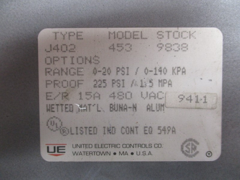 UNITED ELECTRIC CONTROLS J4024539838 480VAC 0-20PSI NSNP
