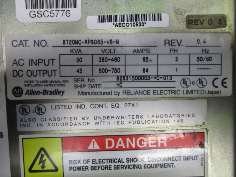 ALLEN BRADLEY 8720MC-RPS065-VB-M REV. 0.4 600-750VDC 64A (MISSING COVER) NSNP