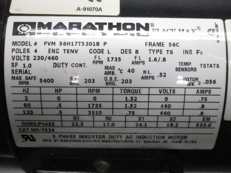 MARATHON ELECTRIC FVM56H17T5301BP Y534 230/460V 1.6/0.8A (AS IS) UNMP
