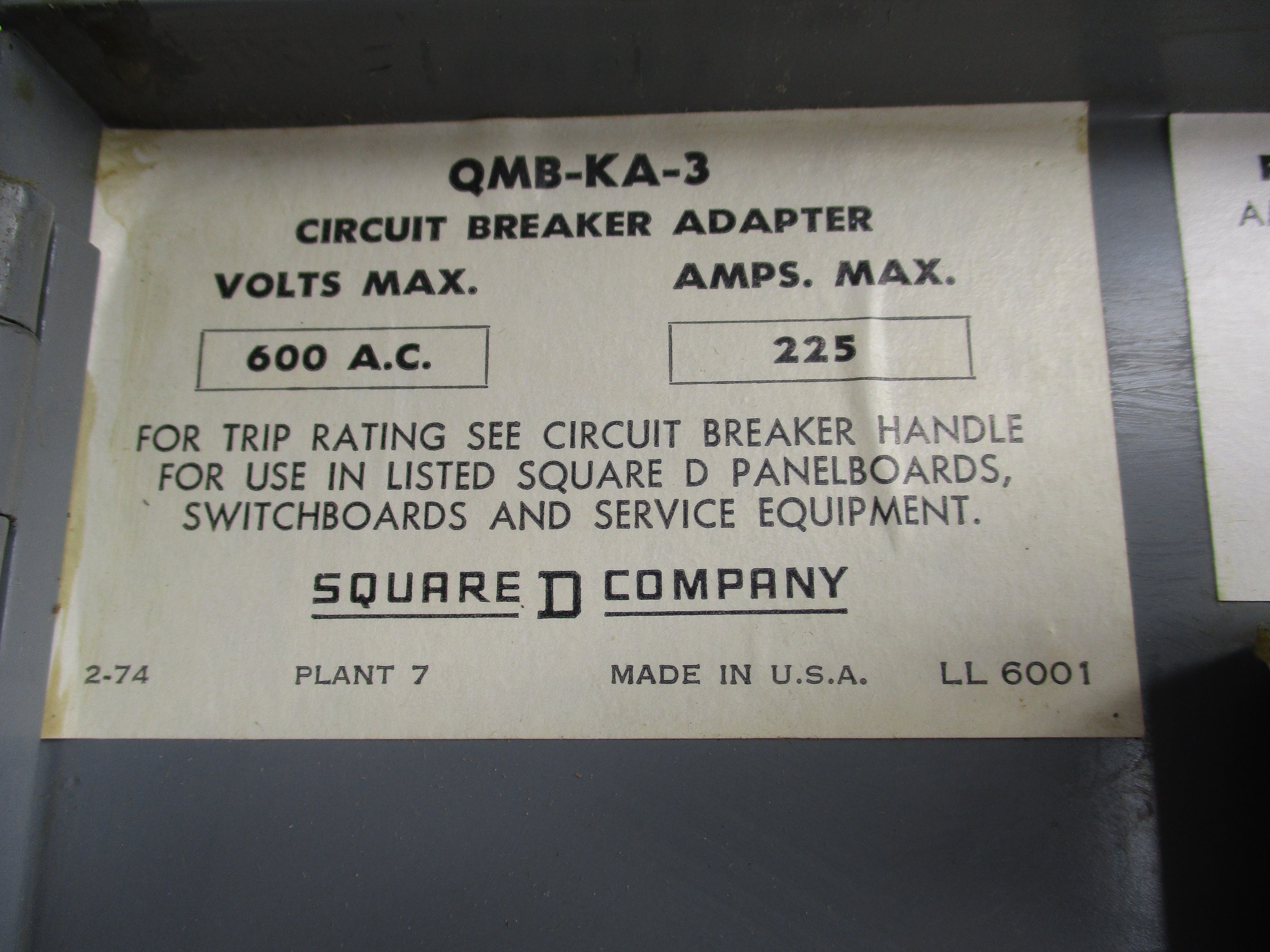 SQUARE D QMB-KA-3 SER. A1 600VAC 225A NSNP