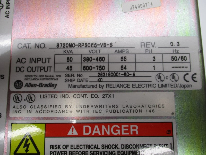 ALLEN BRADLEY 8720MC-RPS065-VB-S REV. 0.3 380-460VAC 65A NSNP