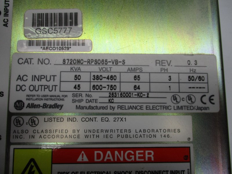ALLEN BRADLEY 8720MC-RPS065-VB-S REV. 0.3 380-460VAC 65A (MISSING COVER) NSNP