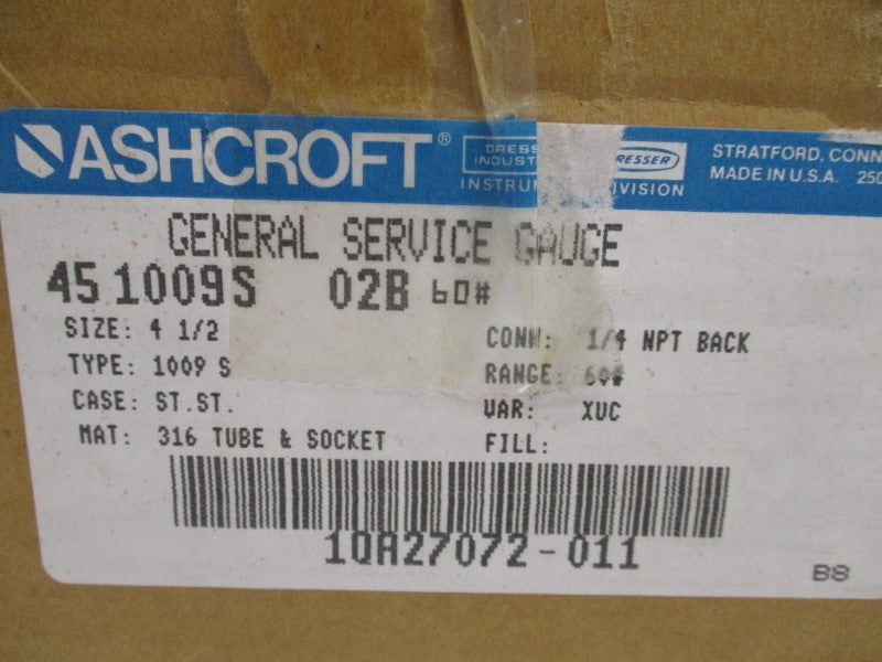 ASHCROFT 451009S02B60# 0-60PSI 1/4" NSMP