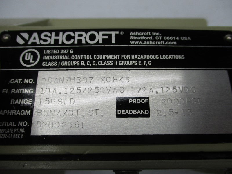 ASHCROFT PDAN7HB07XCHK3 125/250VDC 10A 15PSI NSNP
