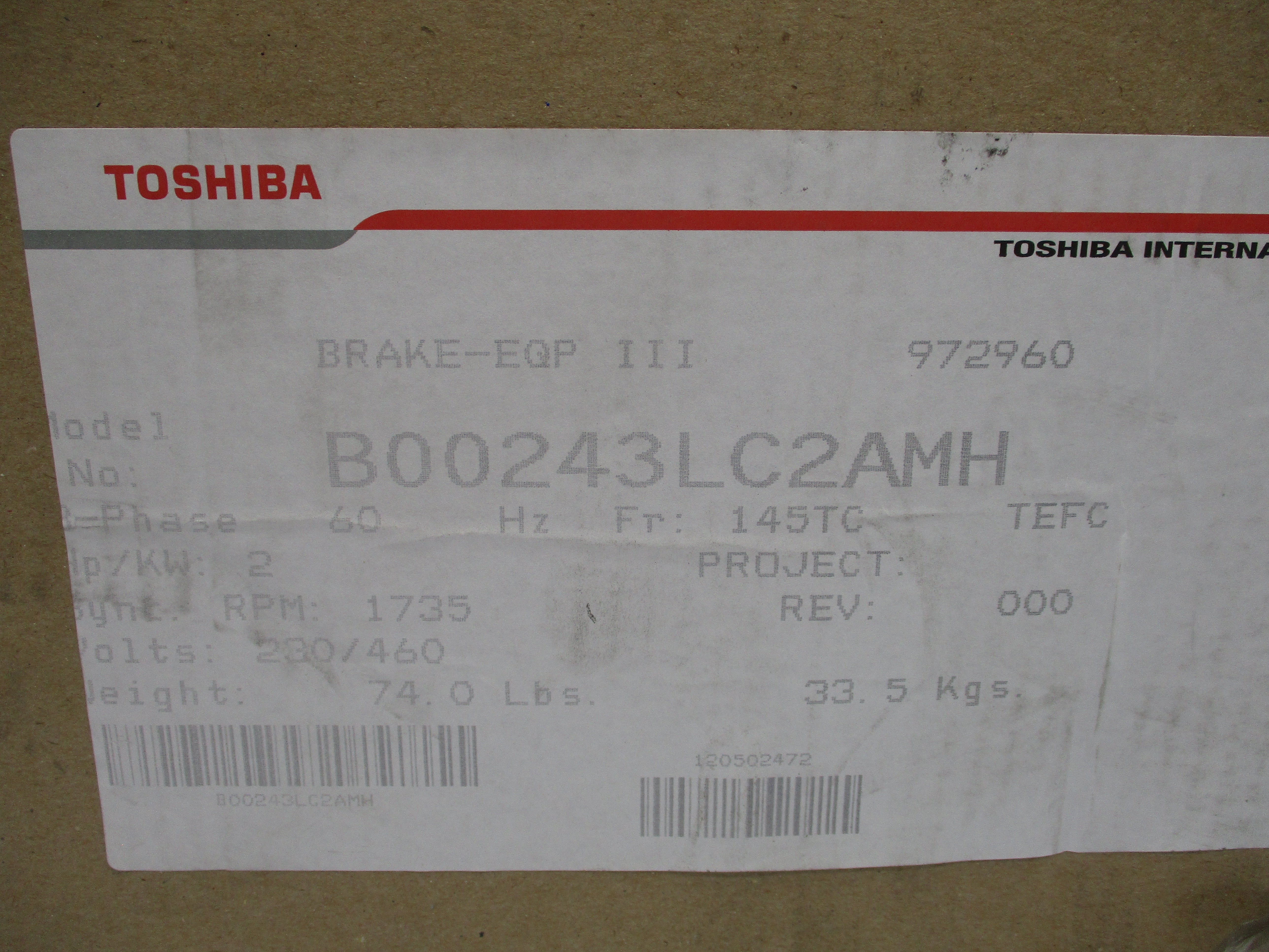 TOSHIBA B00243LC2AMH 105603100BQF 230/460V 5.6/2.8A NSMP