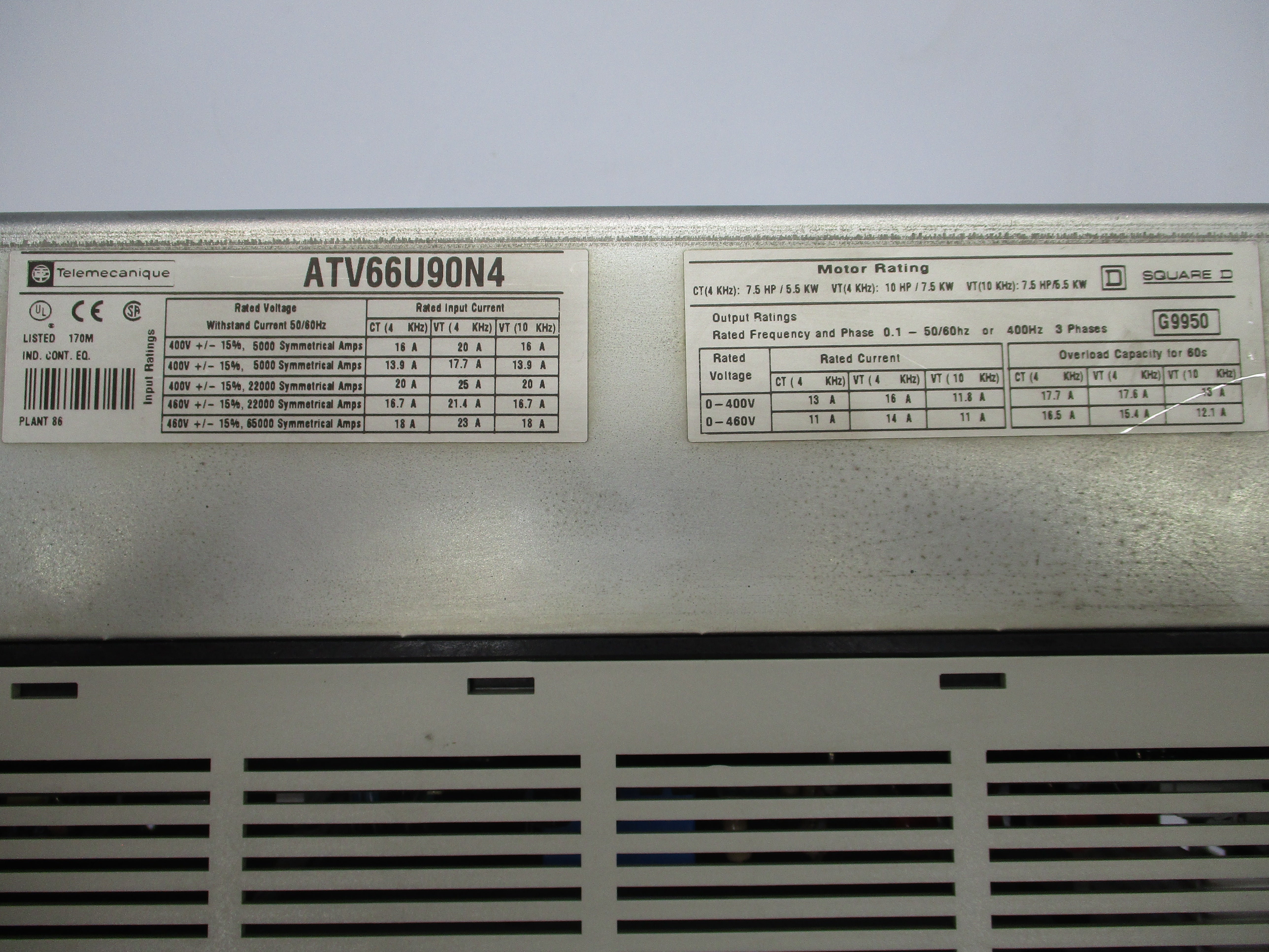 TELEMECANIQUE ATV66U90N4 460V 18A (MISSING TERMINAL) UNMP