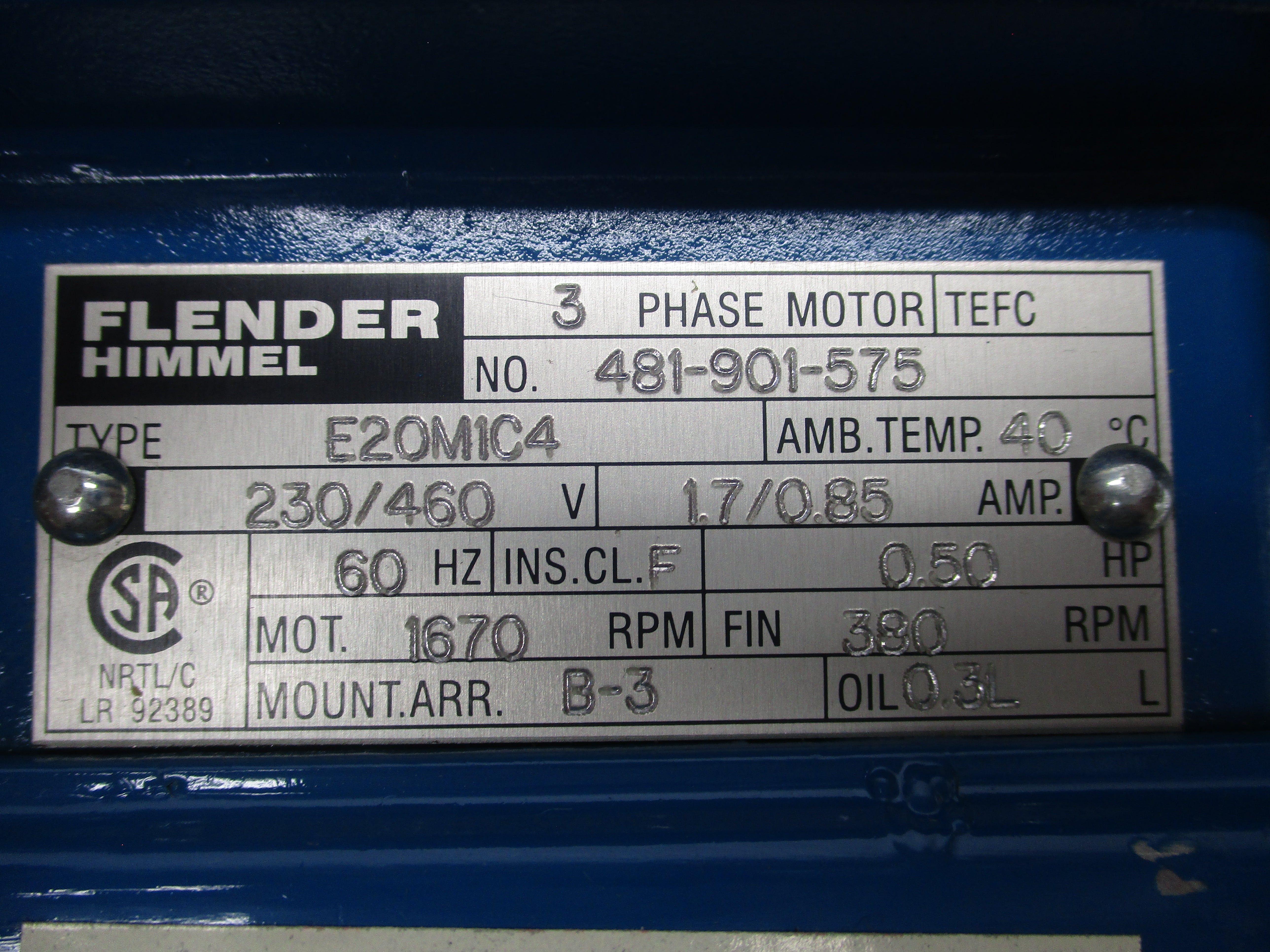 FLENDER HIMMEL E20M1C4 481-901-575 230/460V 1.7/0.85A NSMP