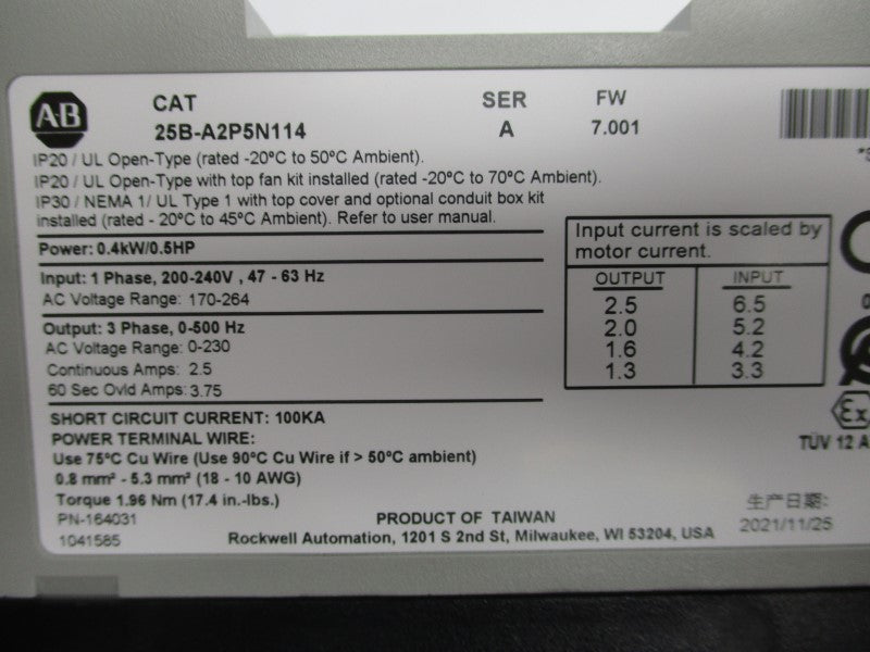 ALLEN BRADLEY 25B-A2P5N114 SER. A F/W 7.001 170-264V 2.5A NSNP