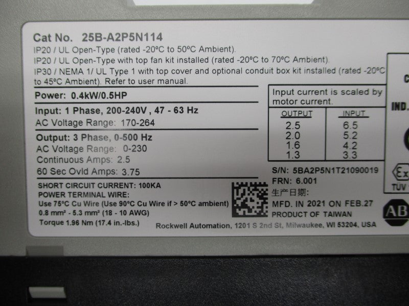 ALLEN BRADLEY 25B-A2P5N114 SER. A F/W 6.001 170-264V 2.5A (BR/WH) NSMP