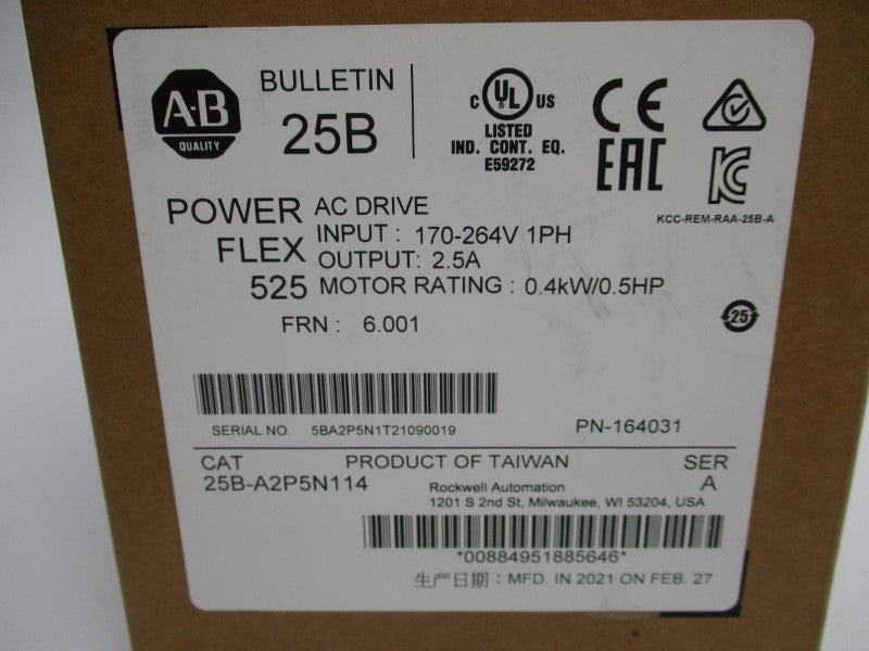 ALLEN BRADLEY 25B-A2P5N114 SER. A F/W 6.001 170-264V 2.5A (BR/WH) NSMP