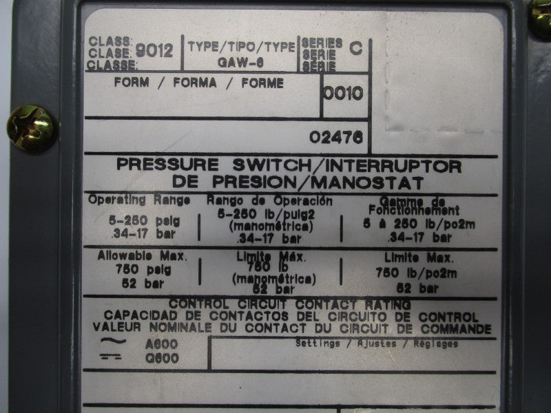 SQUARE D 9012GAW-6 SER. C 5-250PSI NSNP