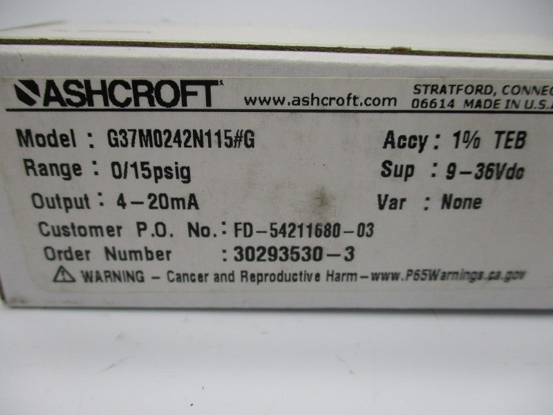 ASHCROFT G37M0242N115#G 9-36VDC 0/15PSI NSMP
